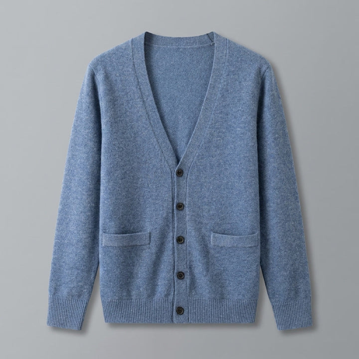 Heren V-hals Gebreide Vest in blauw, Fijne Structuur met Knopen