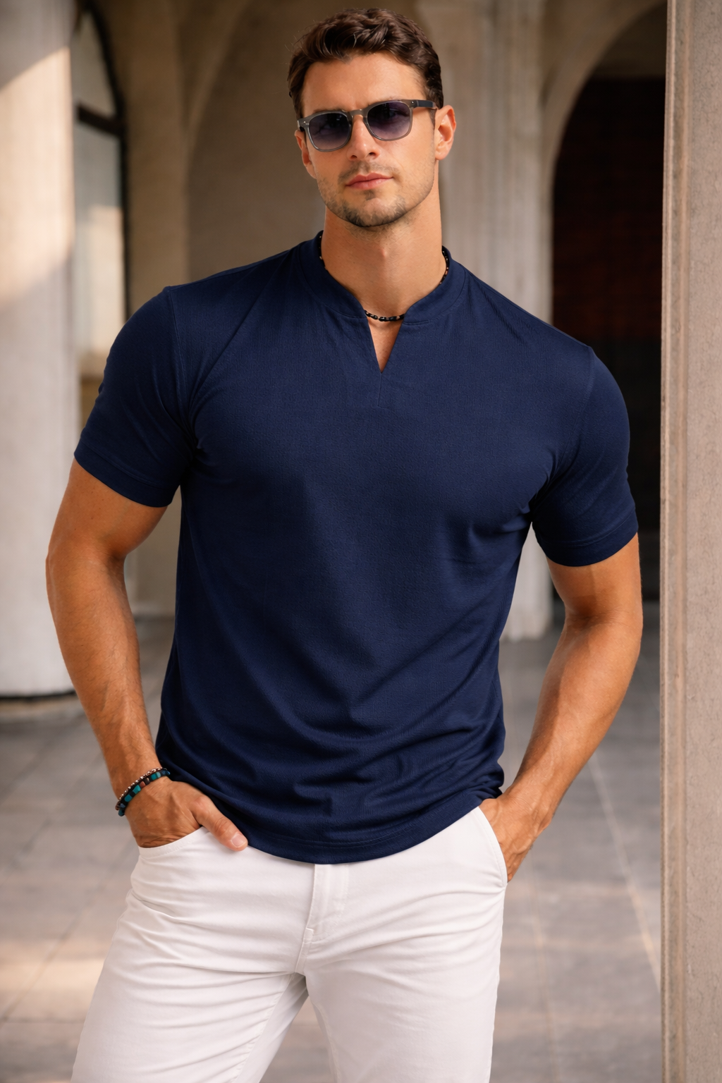 Heren V-hals shirt korte mouwen - Zomerse snit - Marineblauw