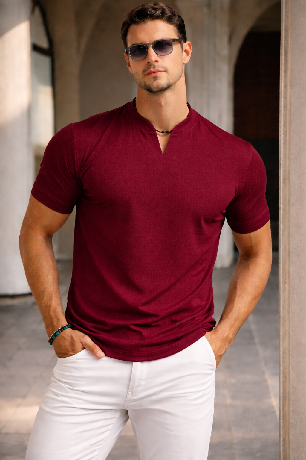 Heren V-hals shirt korte mouwen - Zomerse snit - Rood