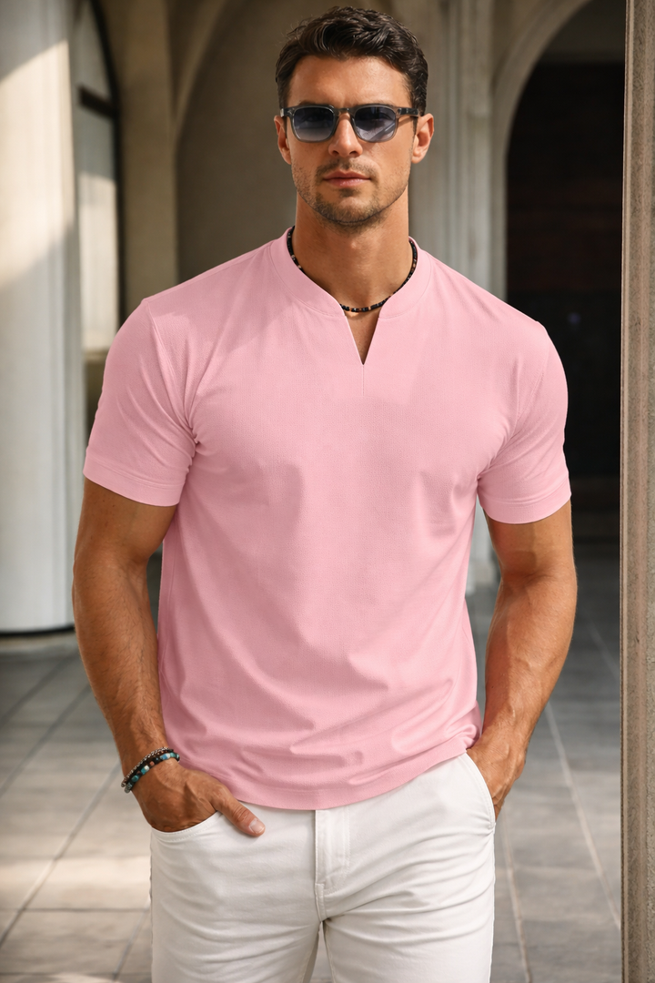 Heren V-hals shirt korte mouwen - Zomerse snit - Roze