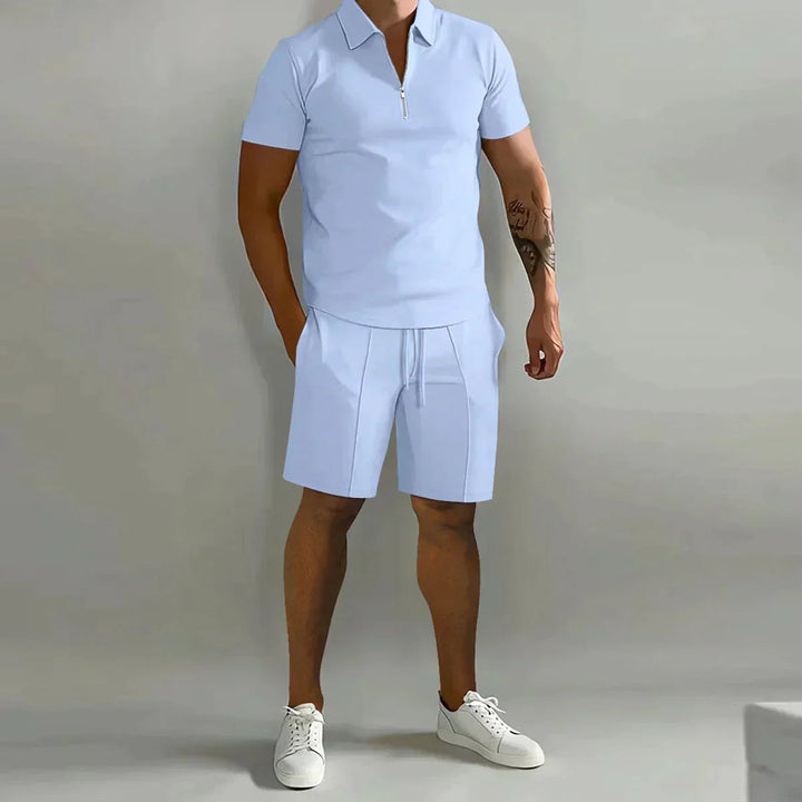 Heren Zip Polo Set - Korte Mouwen met Shorts - Lichtblauw