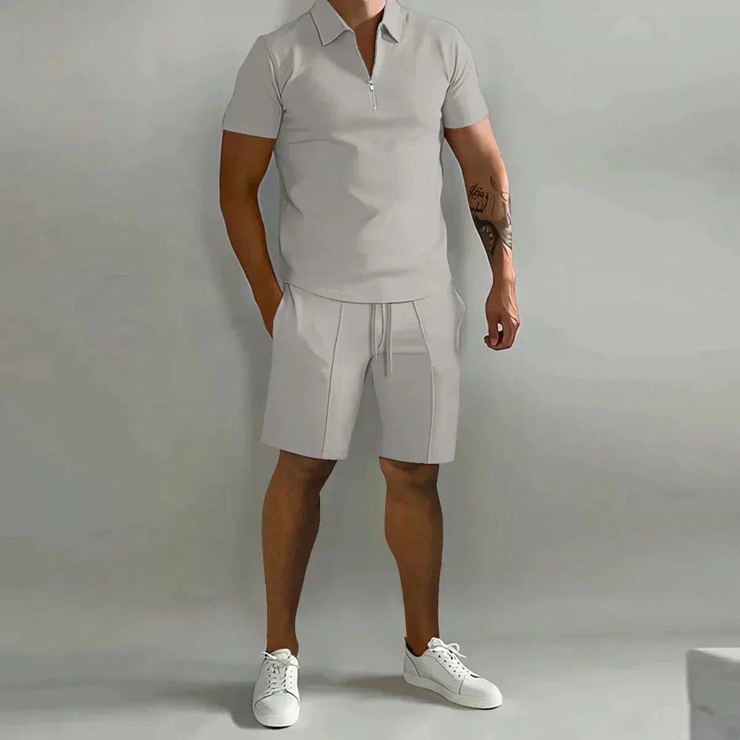 Heren Zip Polo Set - Korte Mouwen met Shorts - Lichtgrijs