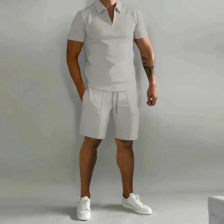 Heren Zip Polo Set - Korte Mouwen met Shorts - Lichtgrijs