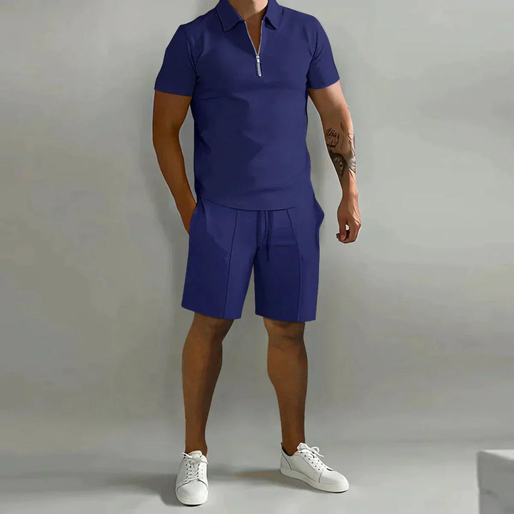 Heren Zip Polo Set - Korte Mouwen met Shorts - Marineblauw