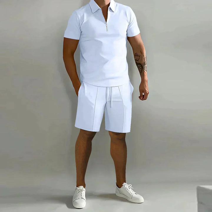 Heren Zip Polo Set - Korte Mouwen met Shorts - Wit