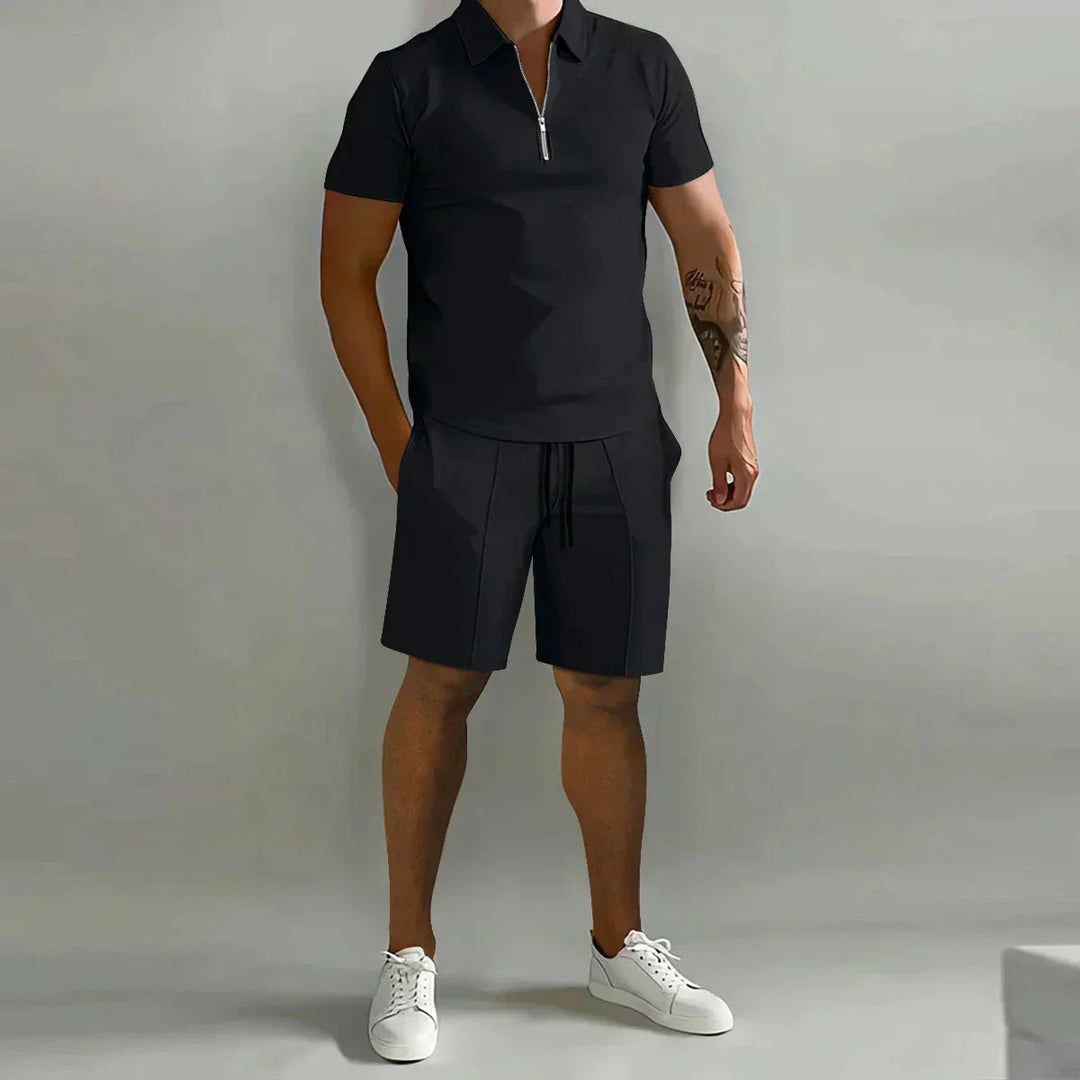 Heren Zip Polo Set - Korte Mouwen met Shorts - Zwart