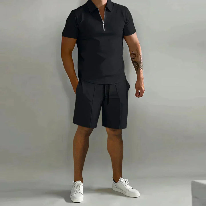 Heren Zip Polo Set - Korte Mouwen met Shorts - Zwart