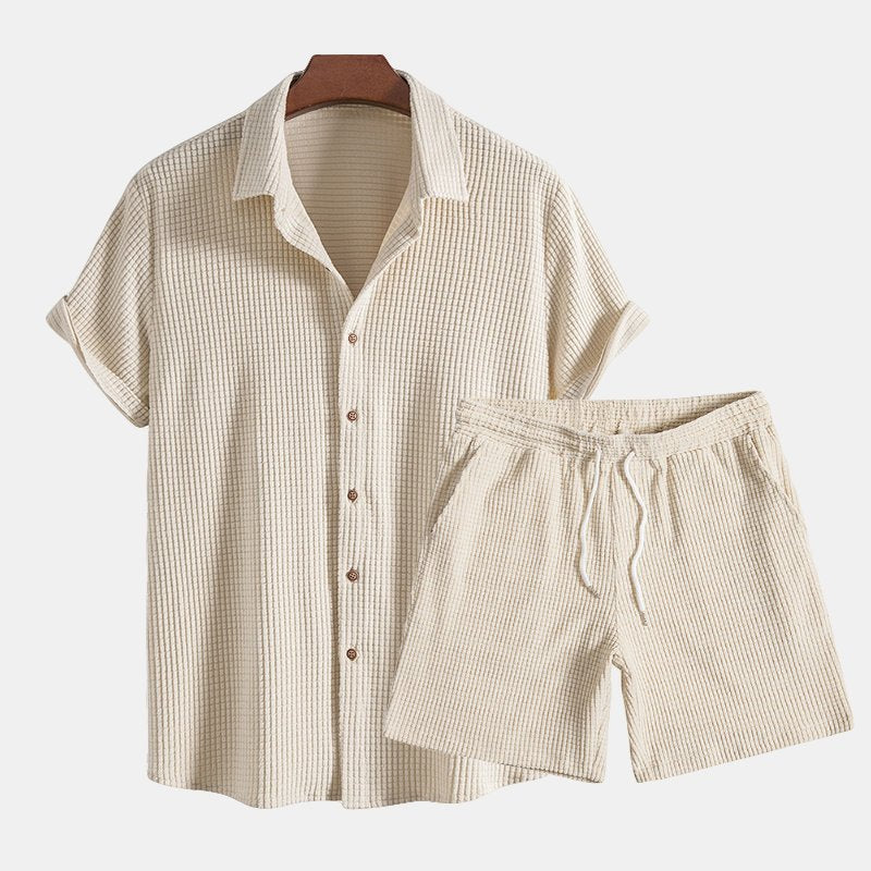 Heren Zomer Co-Ord Set - Casual Shirt en Shorts - Beige