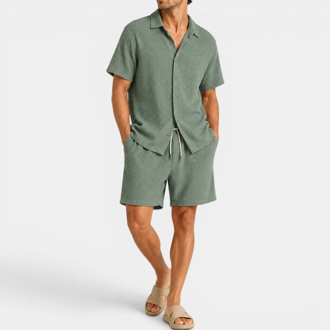 Heren Zomer-Set Shirt en Shorts - Casual Comfort - Legergroen