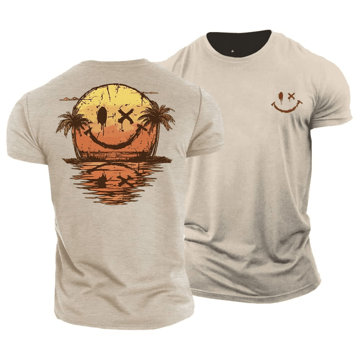 Heren Zomer T-Shirt met Smiley Print - Casual Strand Look - Beige