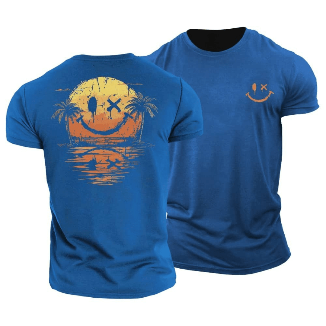 Heren Zomer T-Shirt met Smiley Print - Casual Strand Look - Blauw