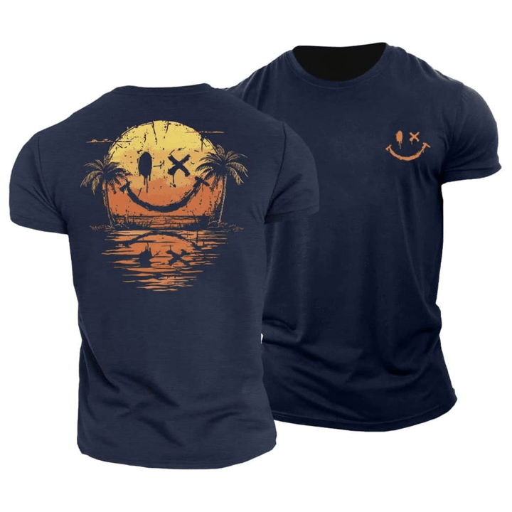 Heren Zomer T-Shirt met Smiley Print - Casual Strand Look - Marineblauw